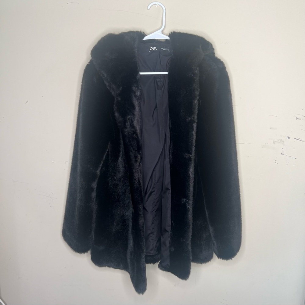 Black Hooded Faux Fur Zara Coat